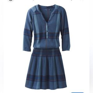 NWT prAna Sugar Pine Crinkle Gauze Organic Cotton Blouson Denim Blue Plaid Dress